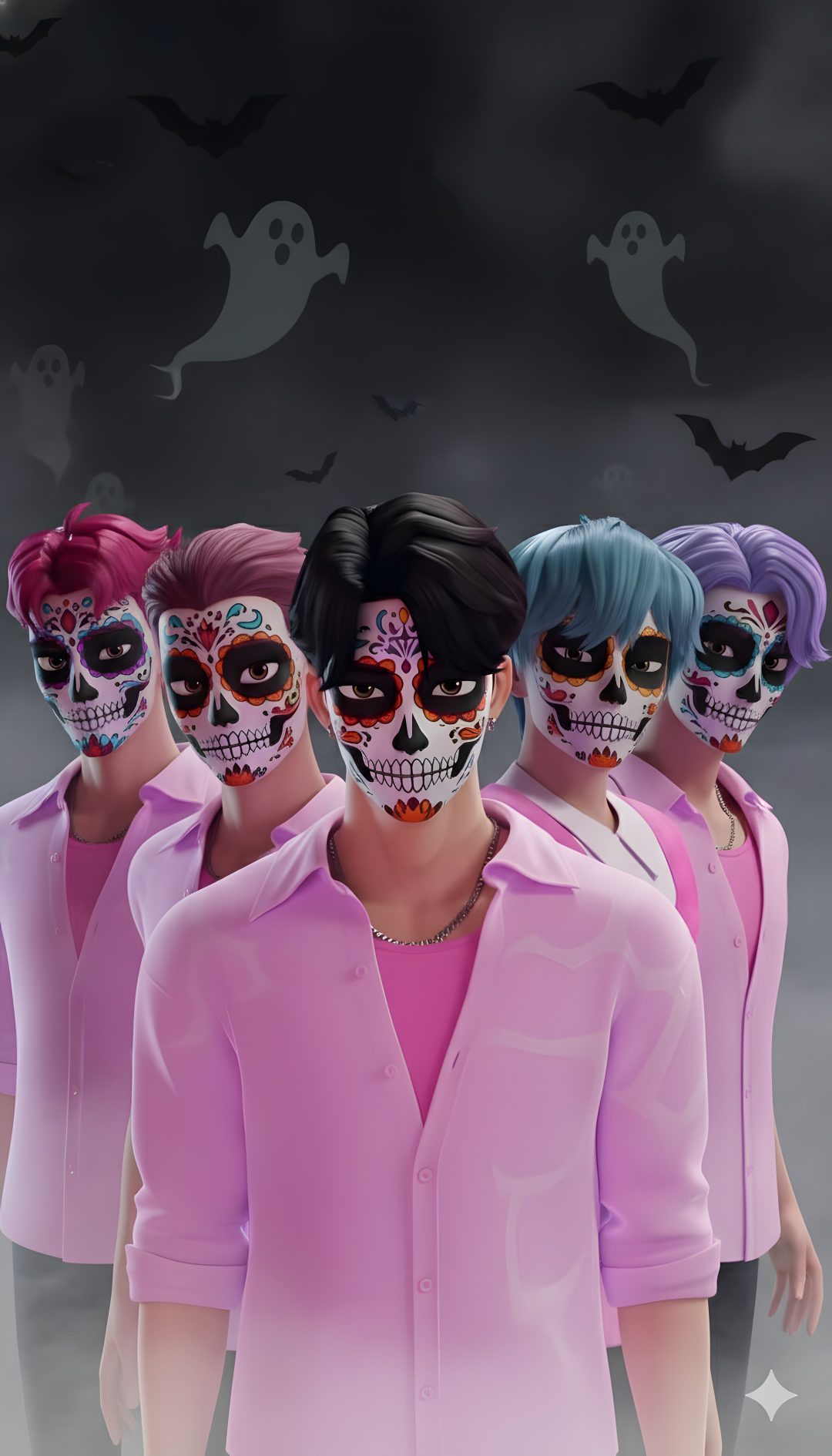 three men with different colored hair and makeup are wearing skulls on their faces in front of a dark background Saja Boys Halloween dim gray