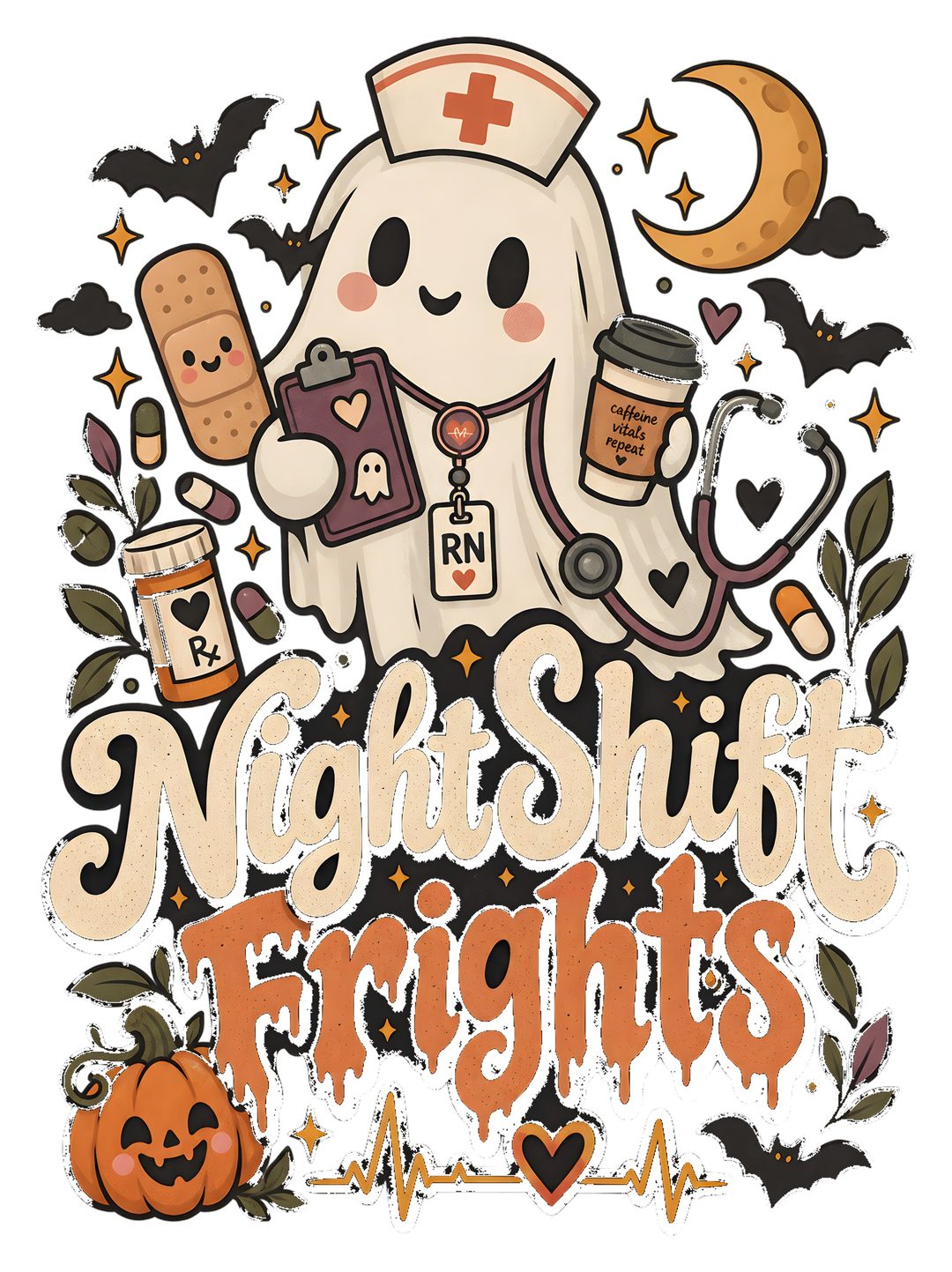 Night Shift Frights Halloween nurse shirt - a spooky-cute ghost nurse design for night shift RNs, ER nurses and hospital staff. Halloween nurse shirt, night shift nurse gift, RN Halloween tee, ICU nurse squad shirt, nursing school gift, med surg nurse humor, spooky season scrubs alternative. Great gift for nurses, CNAs, techs and NICU teams working spooky season. Shop at ThrilzShop on Etsy: https://www.etsy.com/shop/ThrilzShop #nurseshirt #nightshiftnurse #halloweennurse #nursegift #rnlife Halloween Nurse bisque