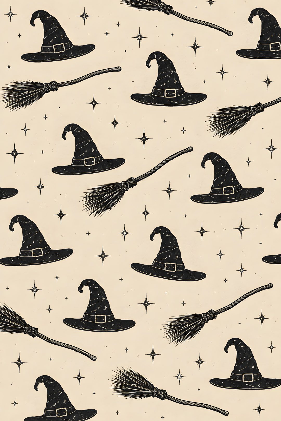 black and white wizard hats and brooms on a beige background with stars in the sky Halloween Witch Hat wheat