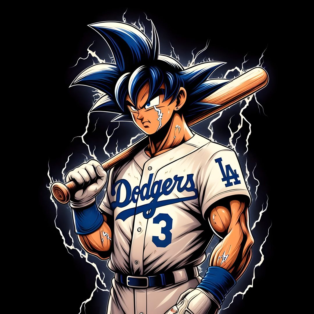 the baseball player is holding a bat in his right hand and lightning behind him, Dodgers Halloween black