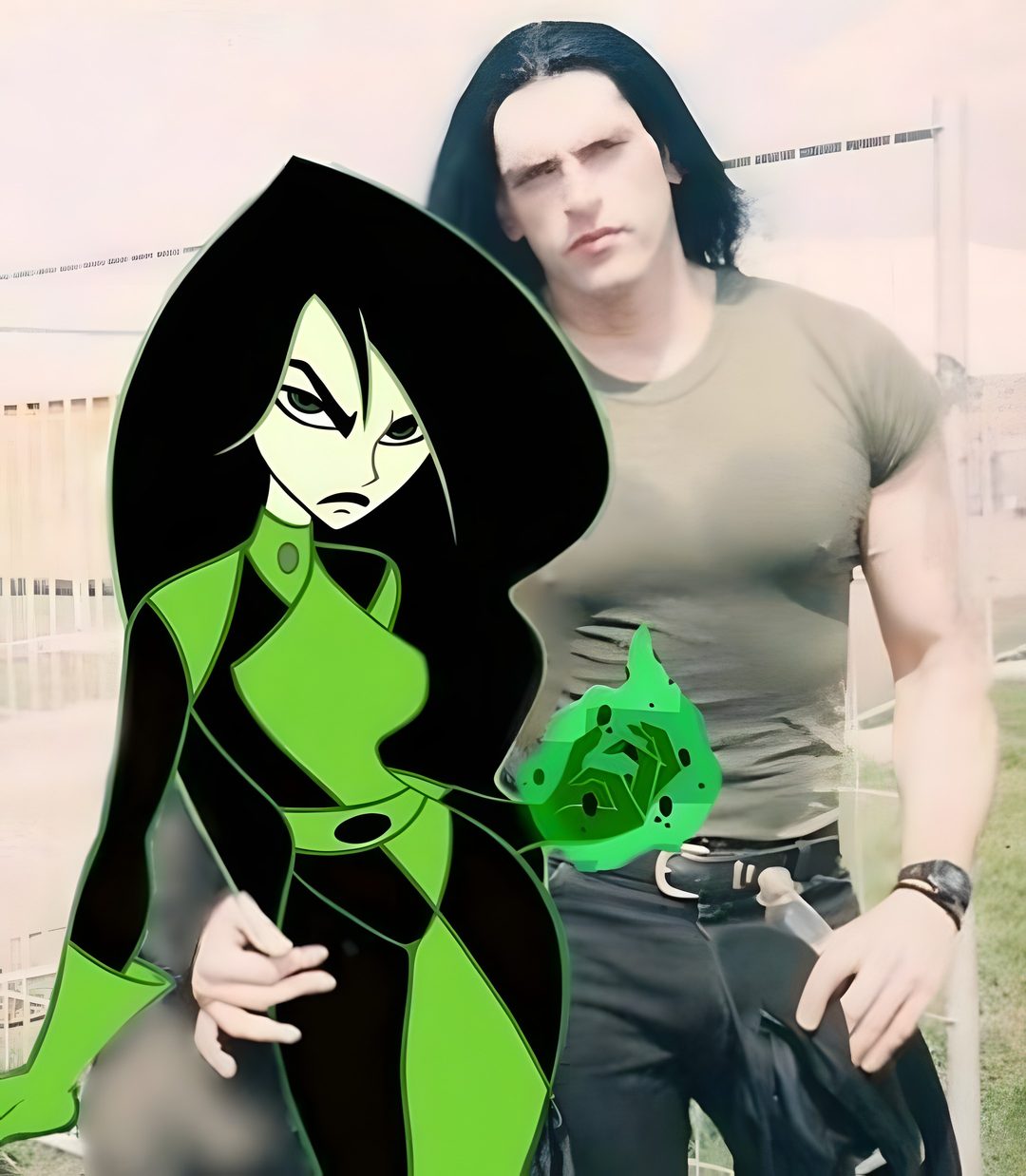 a man with long black hair wearing a green and black outfit next to a cartoon character Type O Negative And Pantera On Halloween Feelings, dark sea green
