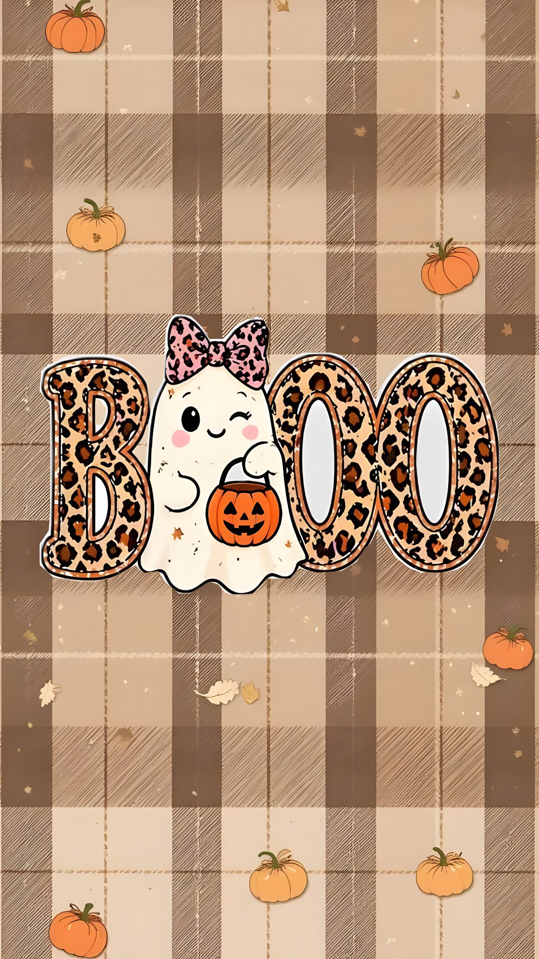 an animal with a pumpkin on its nose and the word boo spelled in leopard print Cute Halloween Boo rosy brown