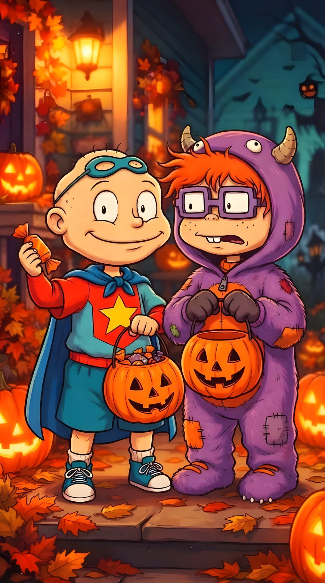 two children dressed in halloween costumes standing next to each other with pumpkins on the ground Max And Tommy Halloween saddle brown