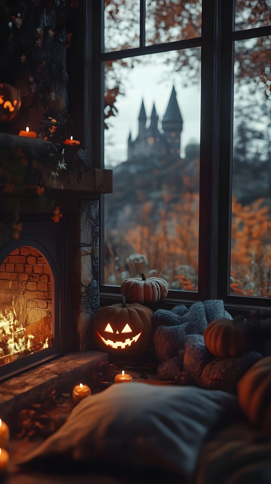 pumpkins and candles are lit in front of a window with a view of the castle Rustic Halloween black