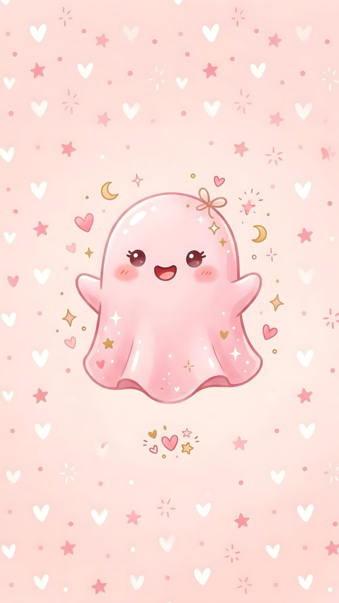 a pink wallpaper with hearts and stars on it, including an adorable little ghost Kawaii Girly Cute Halloween misty rose