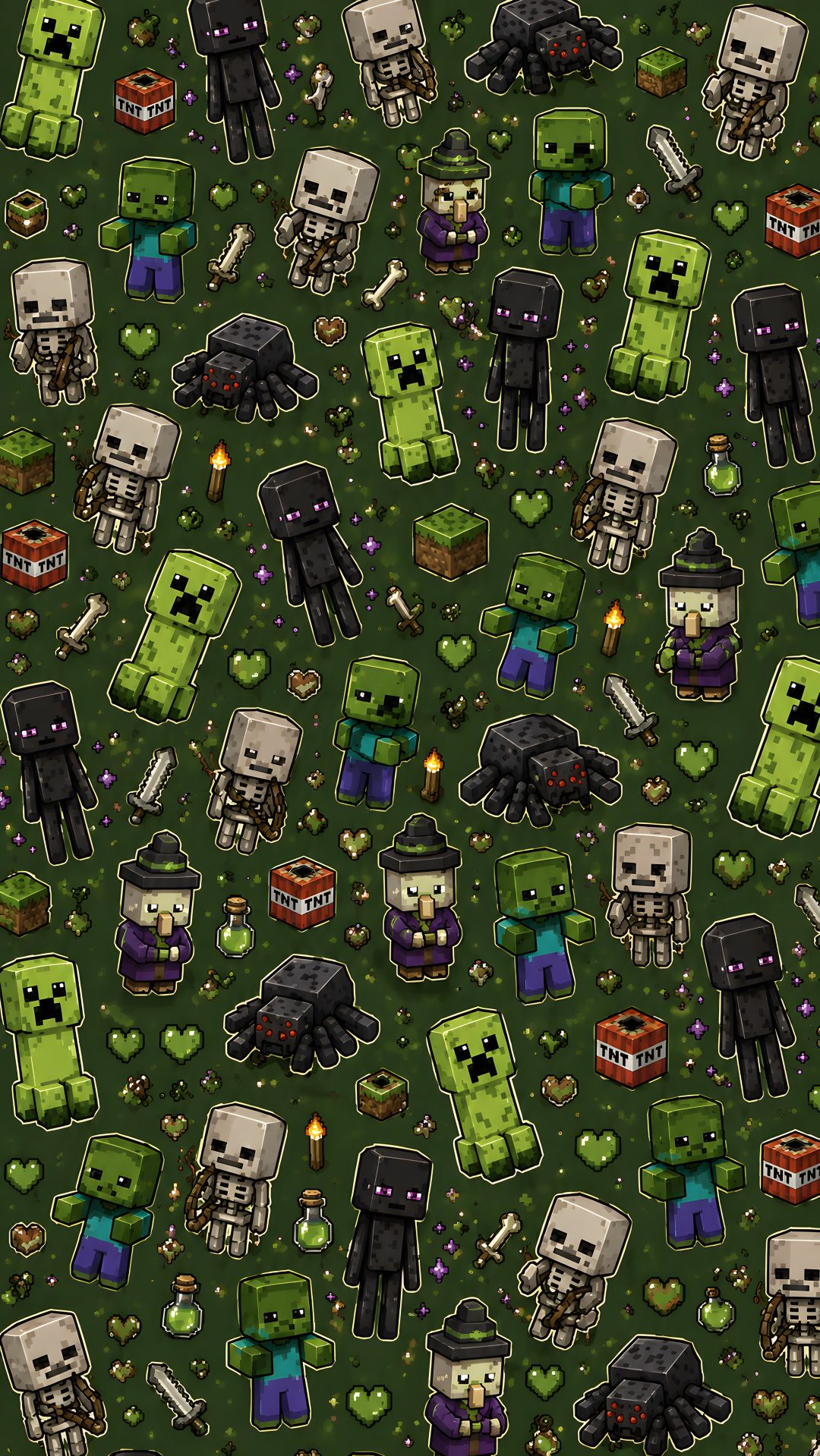 a green background with many small pixeles and skulls on the ground, all in different colors Minecraft Halloween dark slate gray