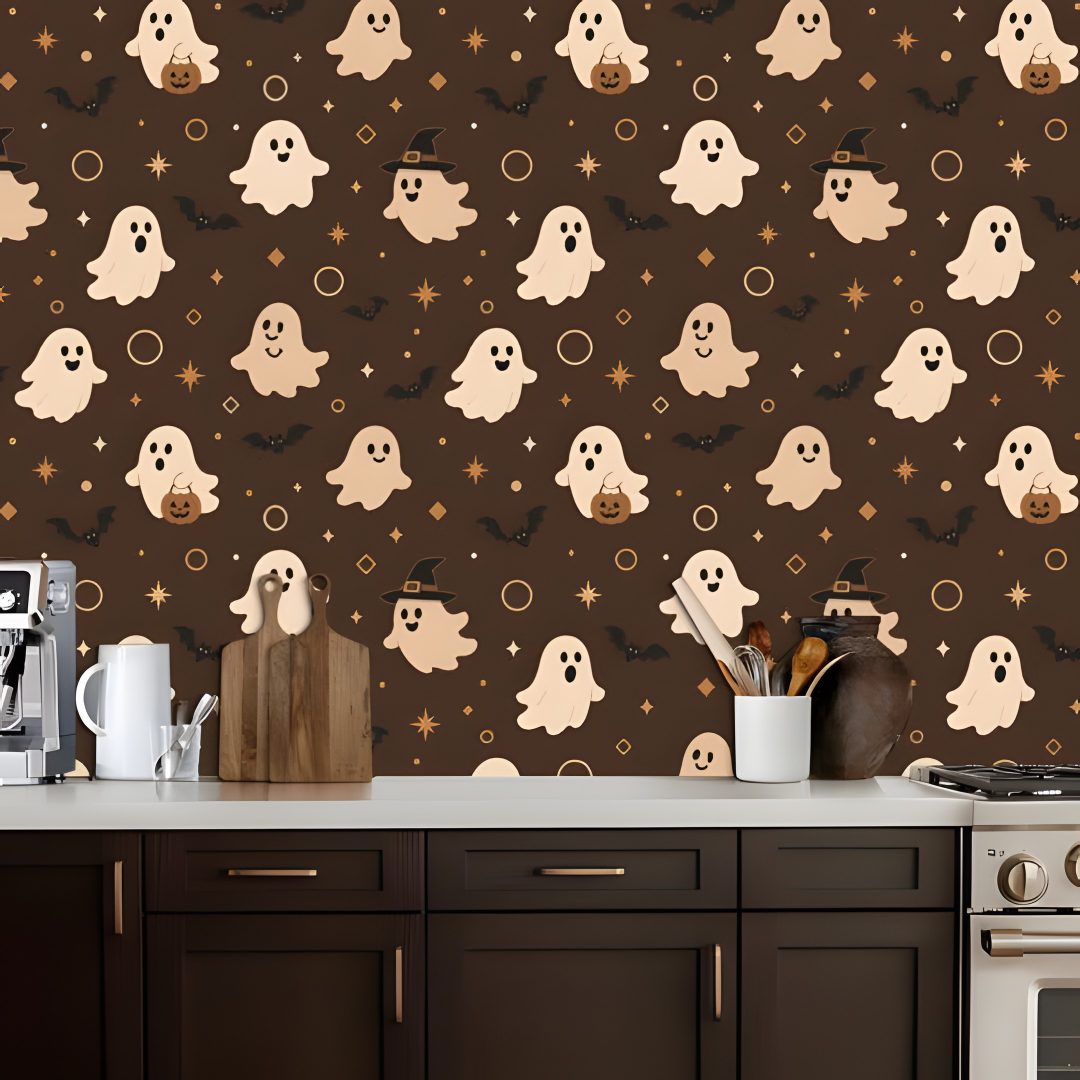 a kitchen wall with halloween ghostes and stars on the wall next to an oven Halloween Kitchen dark slate gray