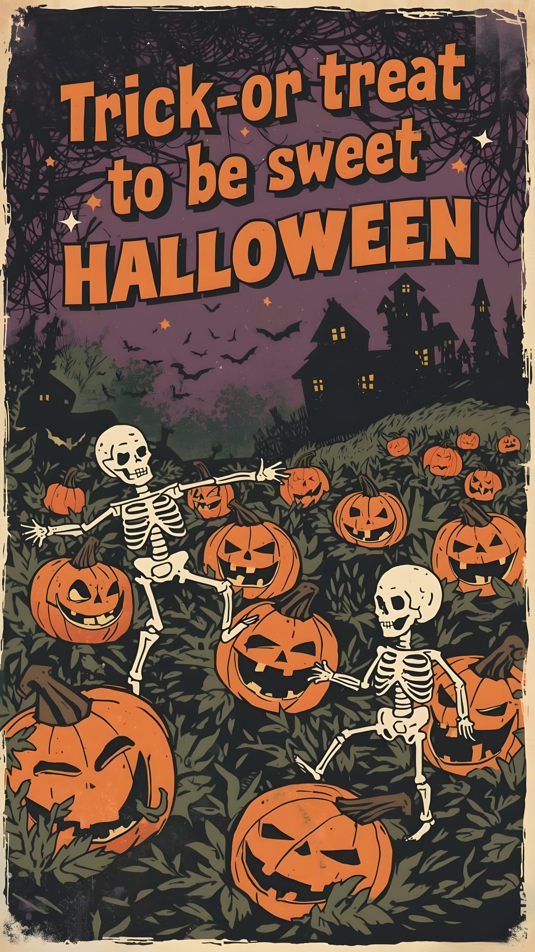 a poster for trick or treat to be sweet halloween with skeletons and jack - o - lanterns Halloween Poster dark olive green