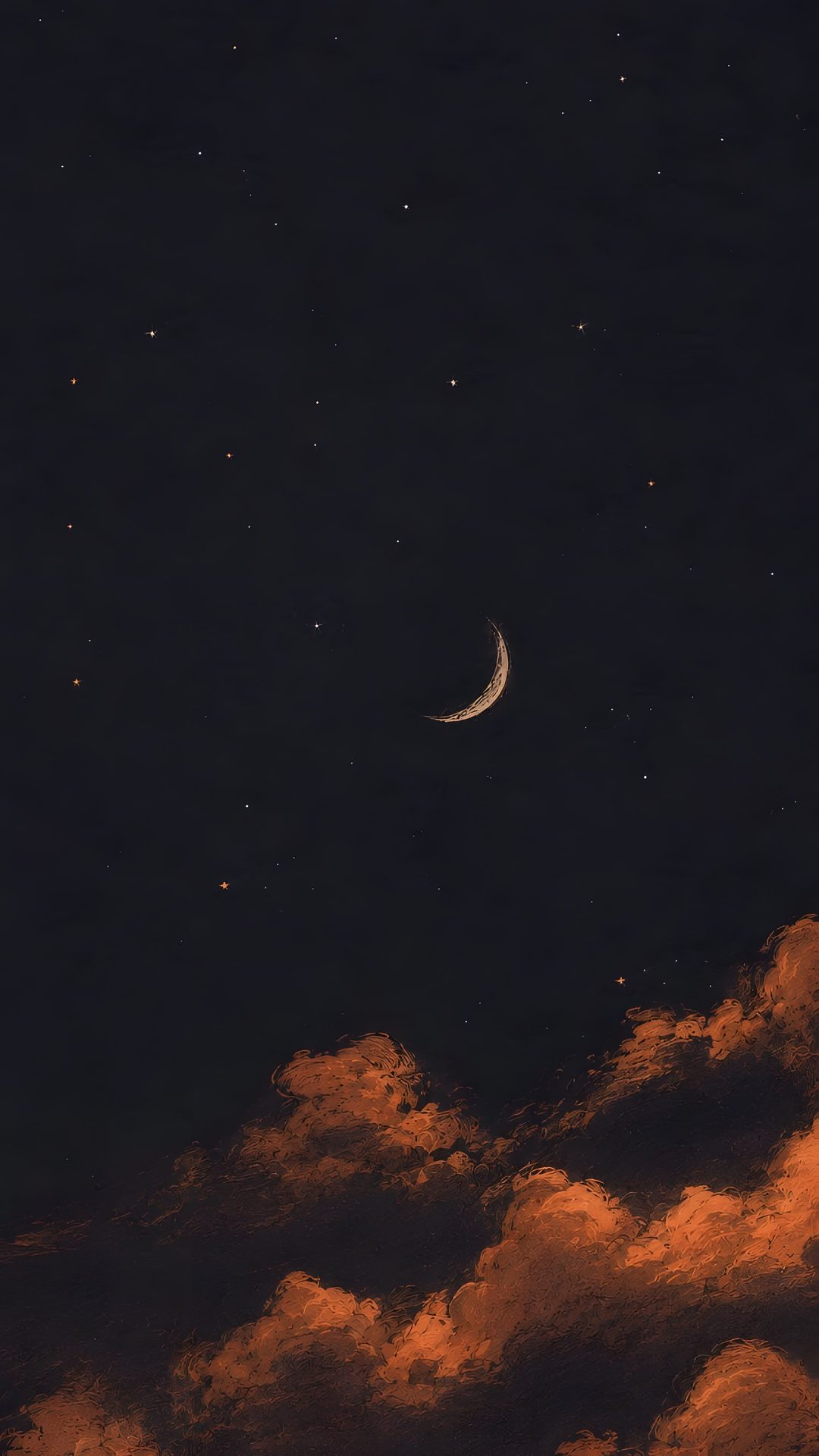 the night sky is full of stars and clouds, with an orange moon in the distance Halloween Sky Iphone Halloween, black