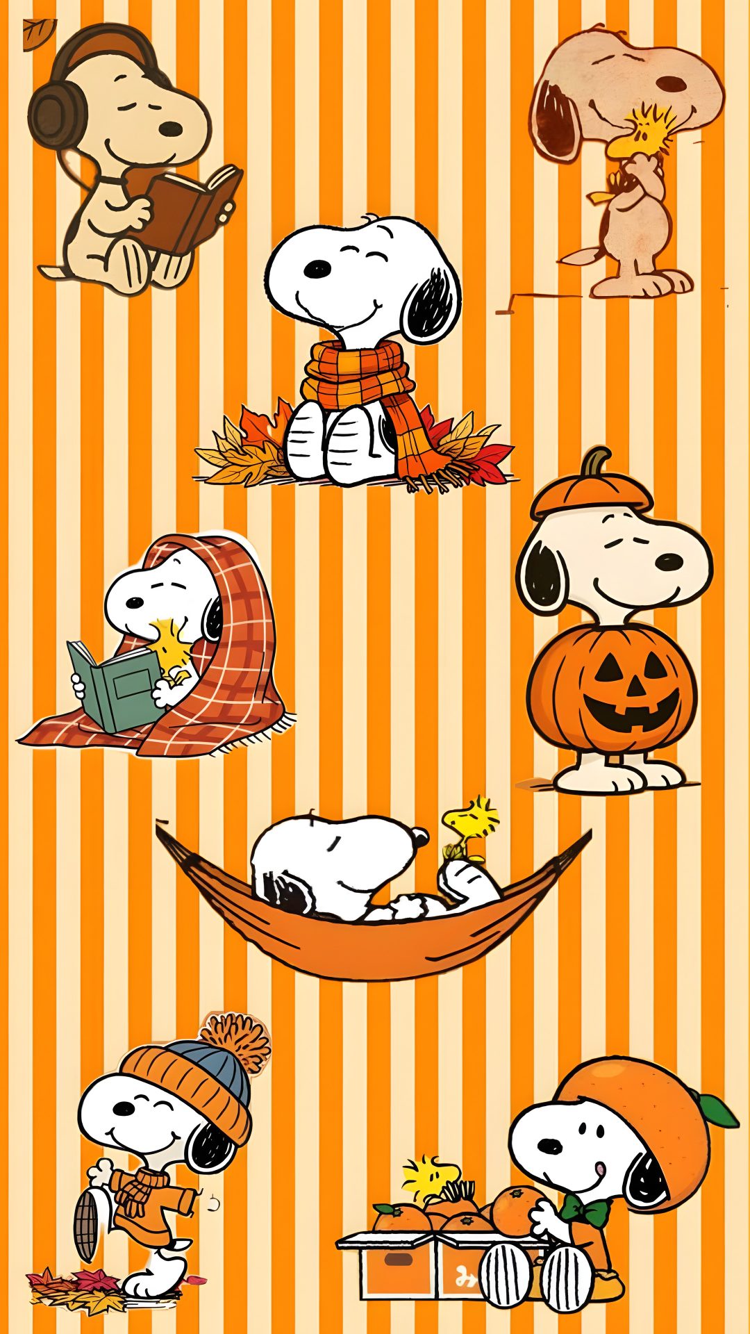 peanuts and pumpkins on an orange striped background, with snoop's thanksgiving costume Cute Cute Snoopy Halloween sandy brown