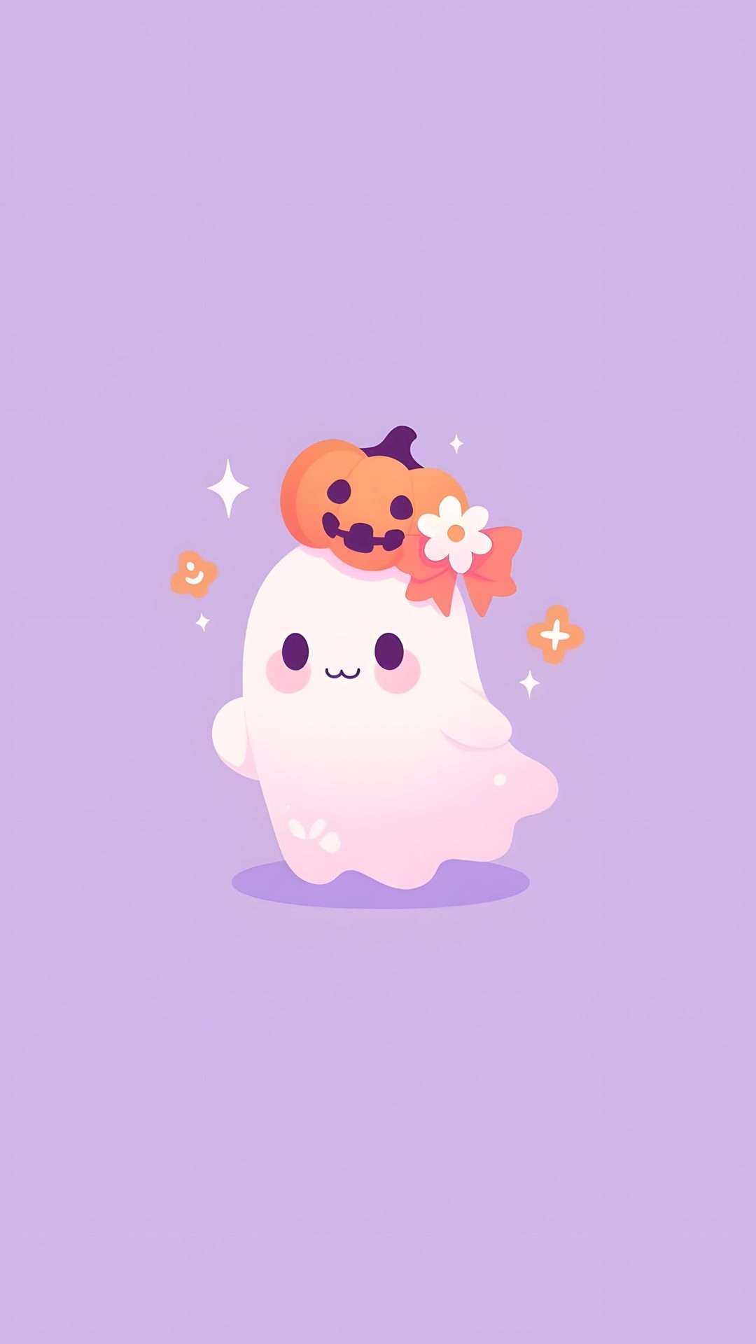 a ghost with a pumpkin on its head and flowers in her hair, standing against a purple background Pastel Purple Halloween Halloween Backgrounds, Halloween Cute, Halloween Iphone, Holiday, thistle