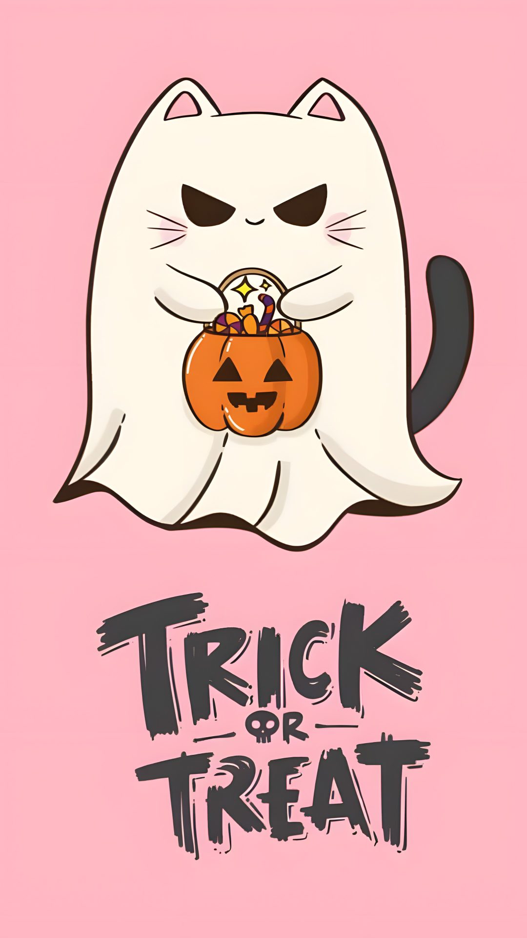 a white cat with a trick or treat pumpkin in its mouth on a pink background Halloween Pastel Cat pink