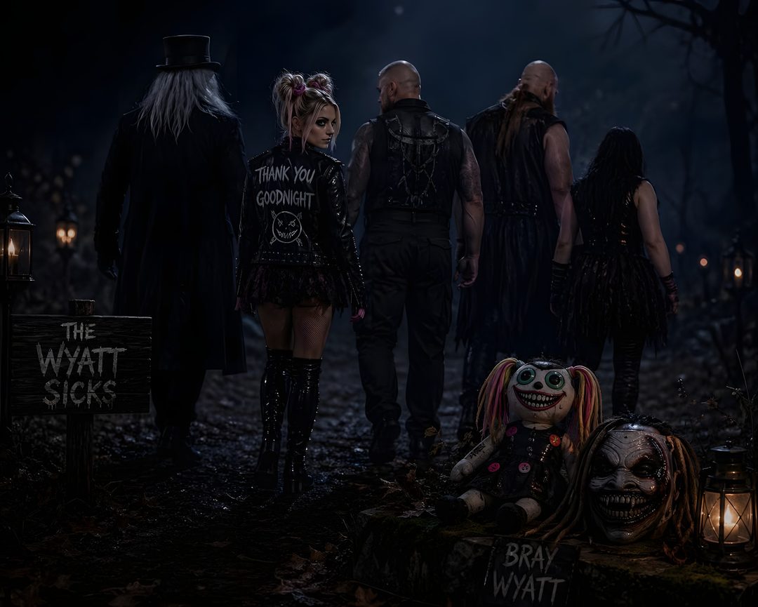a group of people standing next to each other in the dark with creepy faces on them Wwe Halloween Pro Wrestling, Wrestling, black
