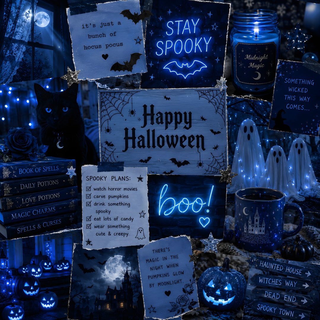 halloween decorations and signs are on display in the dark room with blue lights around them Blue Halloween Iphone midnight blue