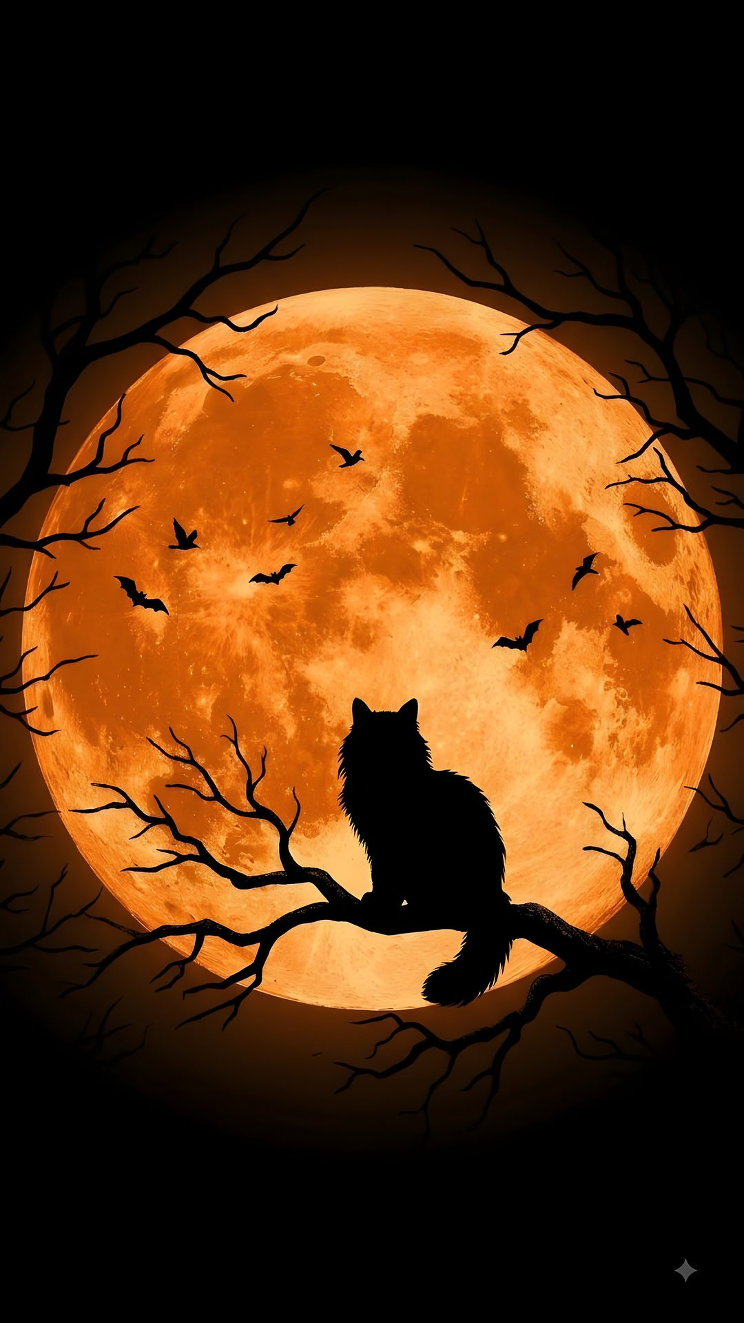 a cat sitting on a tree branch in front of a full moon Orange Cat Halloween black