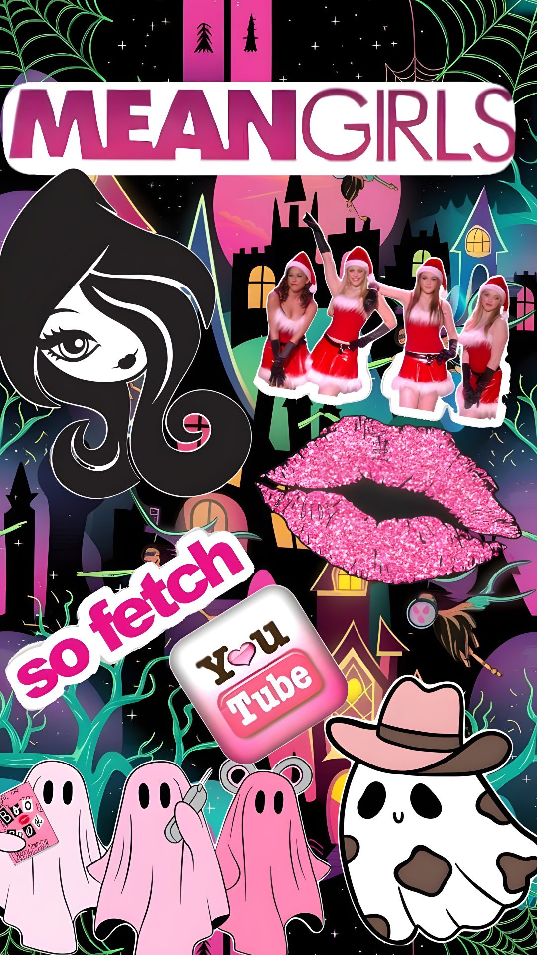 the poster for mean girls is shown in pink and black, with ghost - like figures Mean Girls Halloween dim gray