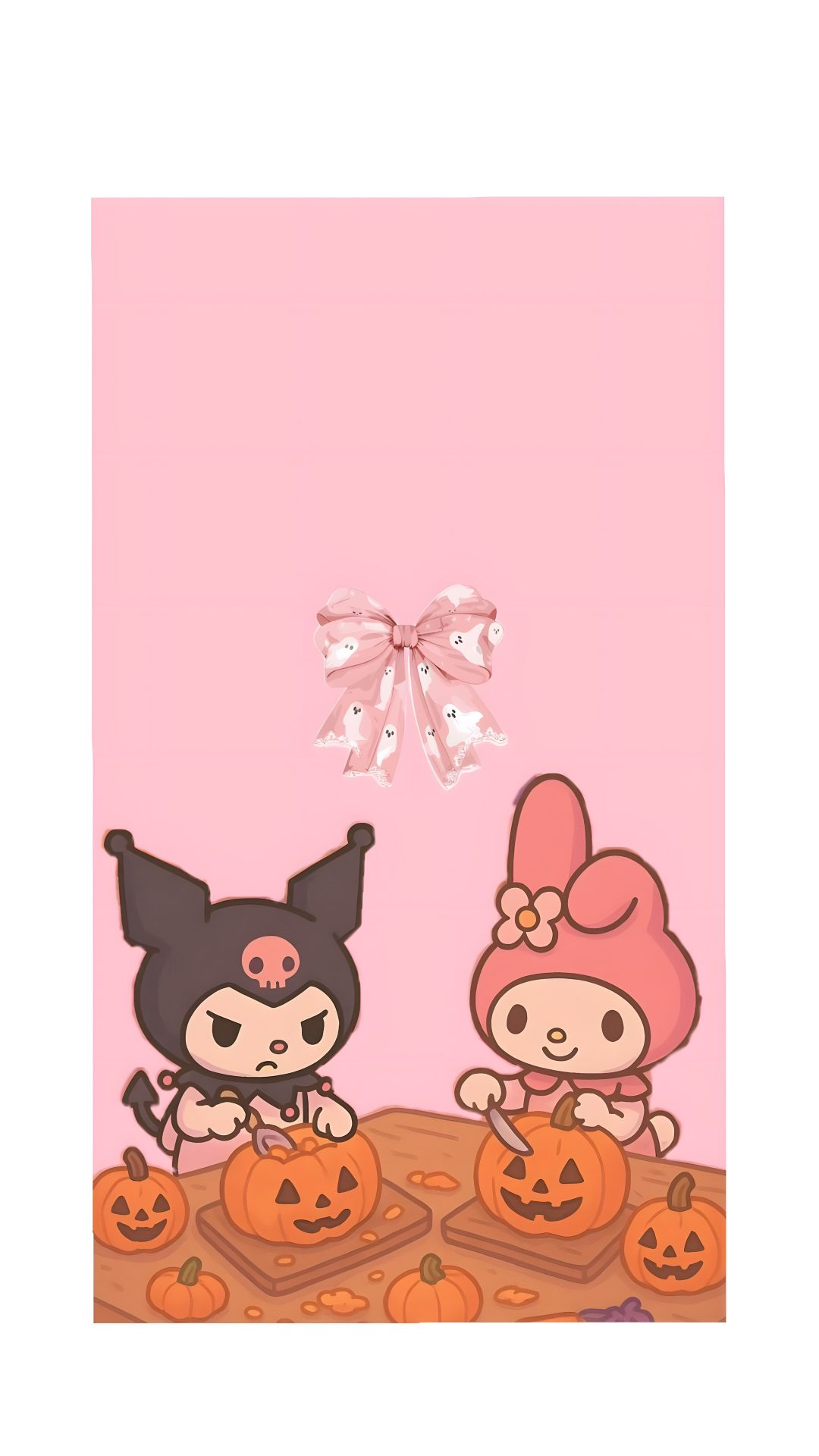 two cartoon characters sitting on top of pumpkins with a bow in the air above them My Melody Halloween pink