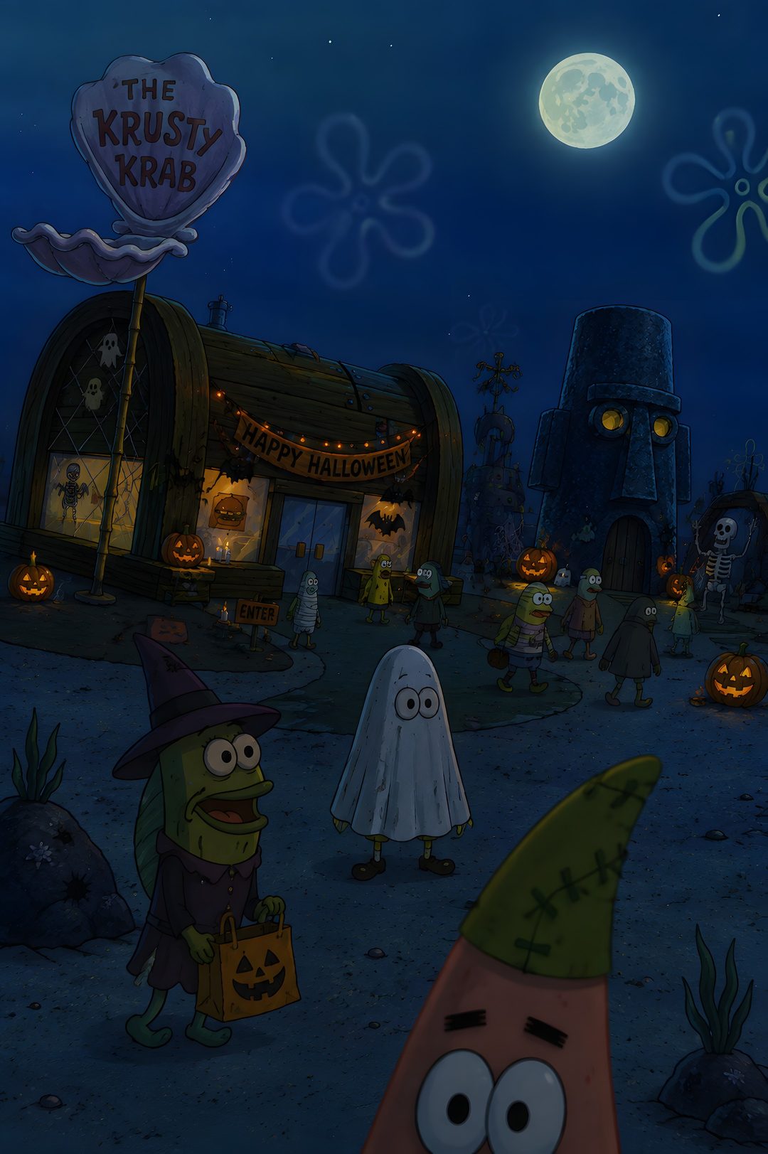 two cartoon characters dressed as witches and ghostes standing in front of a halloween shop Spongebob Halloween Night Aesthetic, Halloween Night, Halloween, dark slate gray