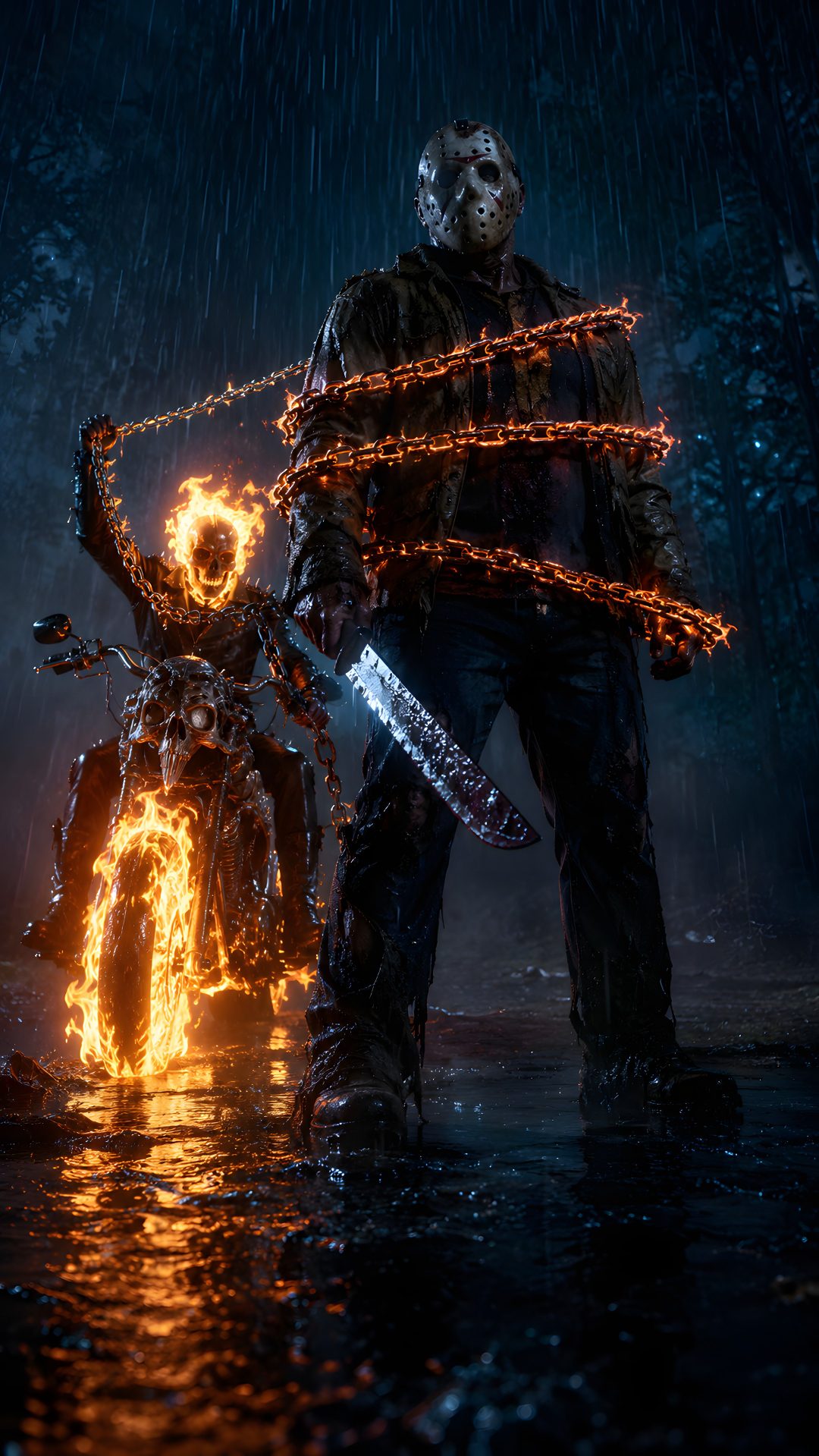 a man standing next to a motorcycle in the rain with flames coming out of it Halloween Jason Voorhees black