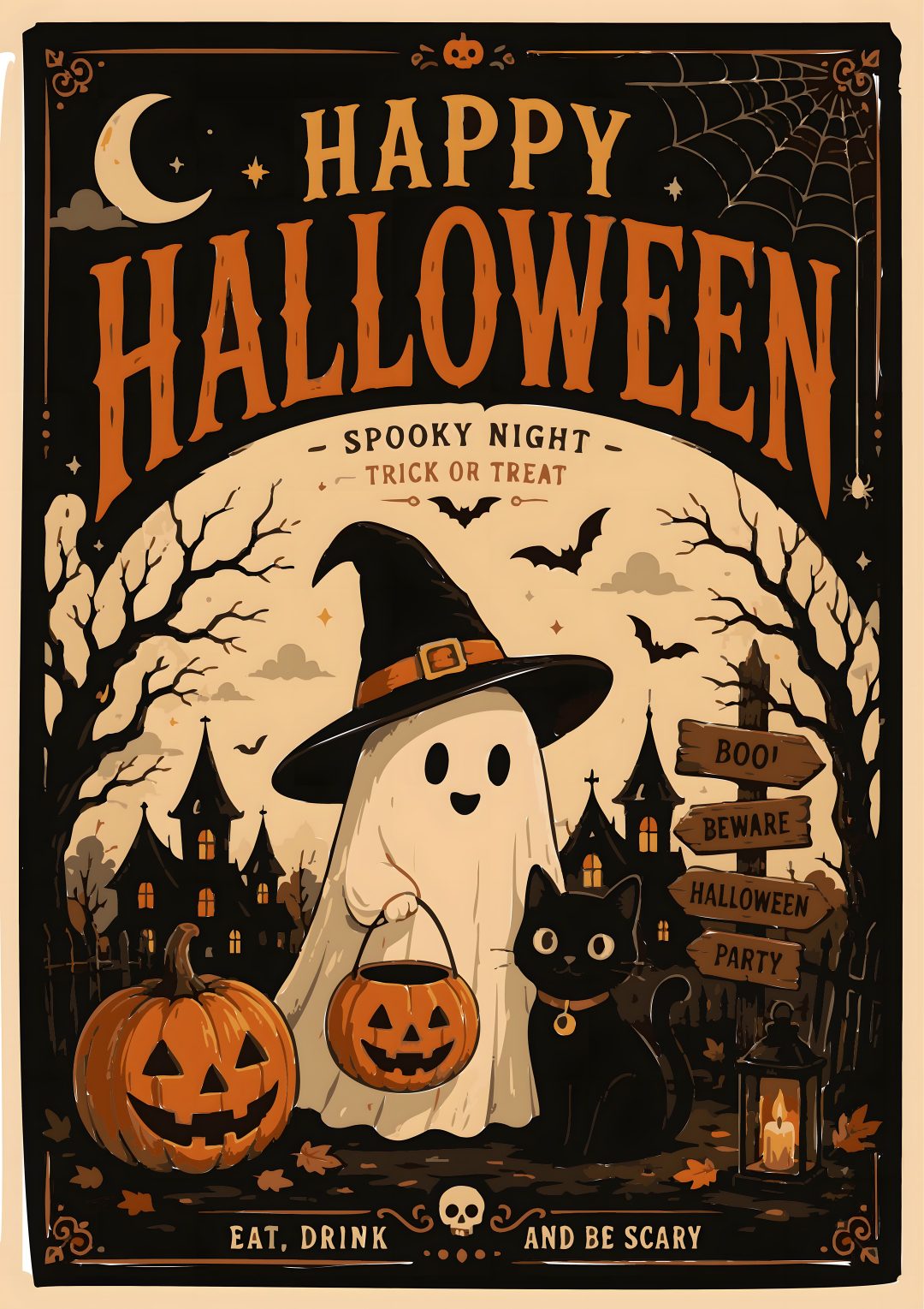 a halloween poster with a ghost and two black cats Halloween Poster black