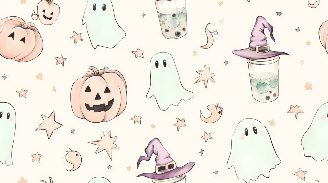halloween seamless wallpaper with pumpkins, ghost and other items on it in pastel colors Pastel Halloween Desktop floral white