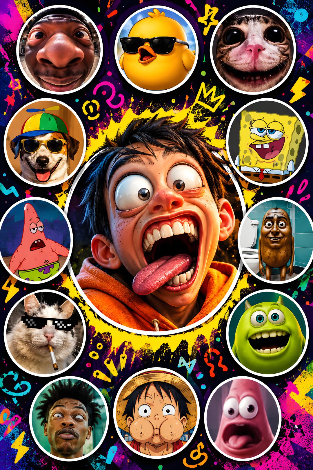 an image of many different faces on a poster Goofy Ahh Halloween saddle brown