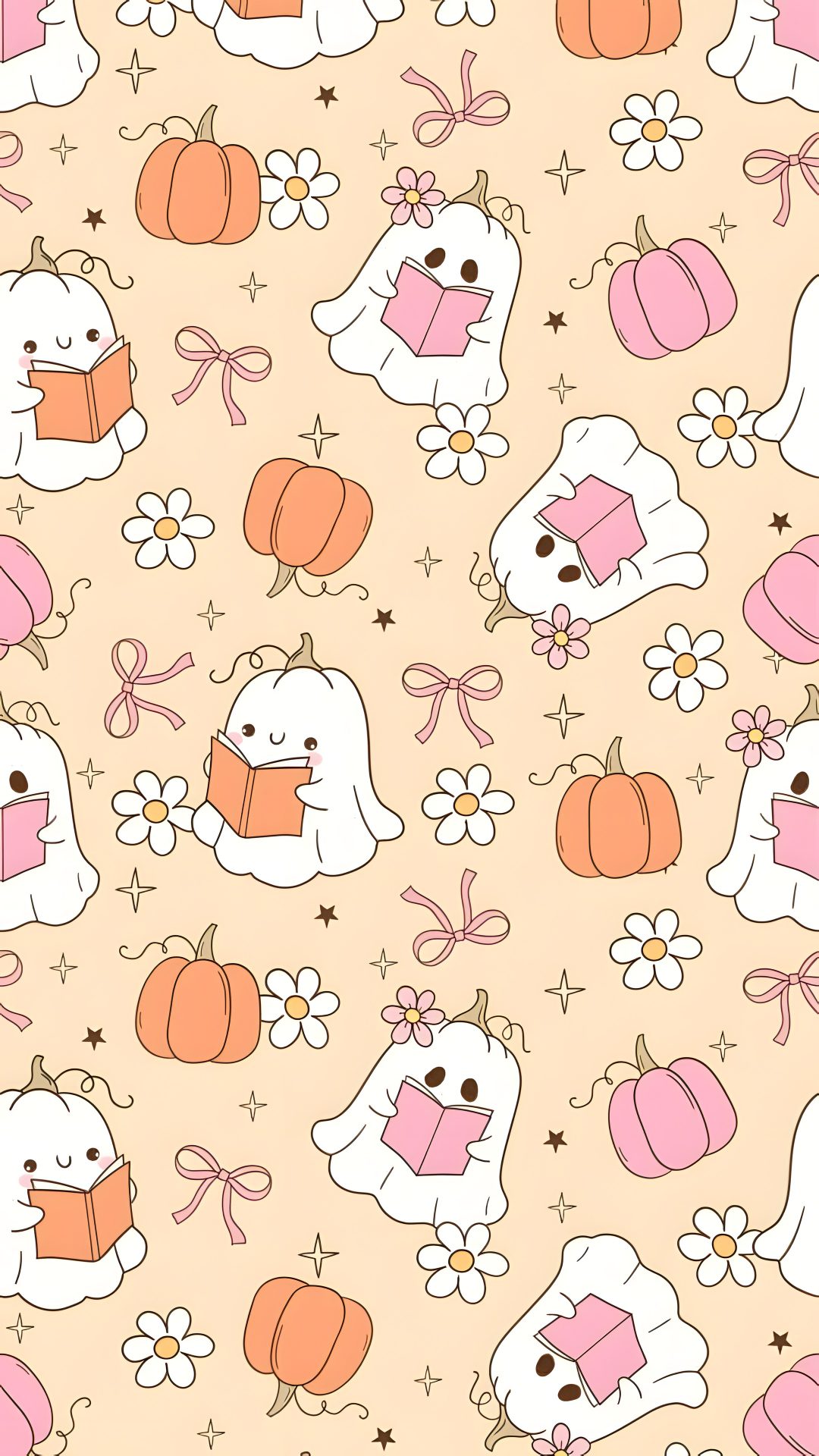 an image of a pattern with animals and pumpkins on the ground in pastel colors Halloween Pastel bisque