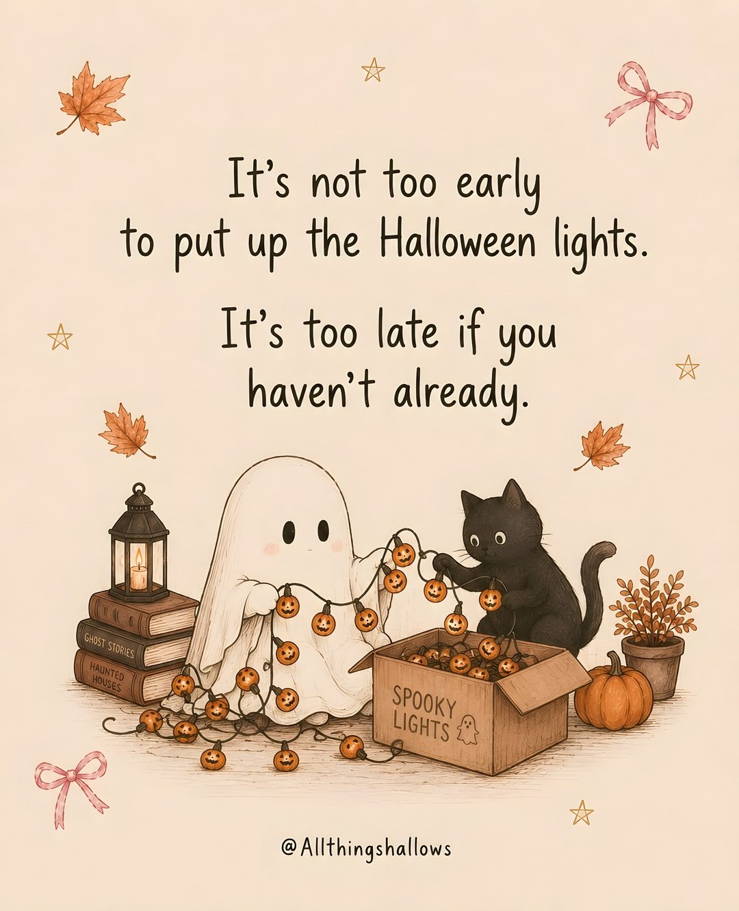 a halloween card with a black cat and ghost in a box on the ground next to pumpkins Halloween Quotes Aesthetic bisque
