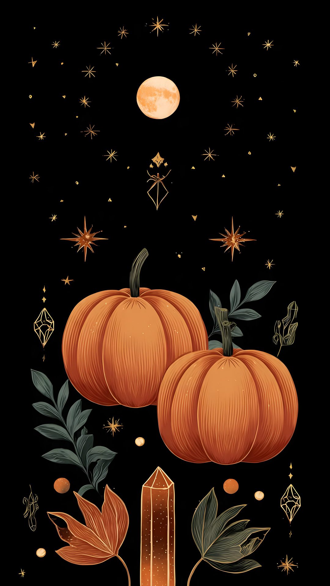 two orange pumpkins sitting on top of a wooden table next to leaves and stars Black And Gold And Orange Halloween Pattern,