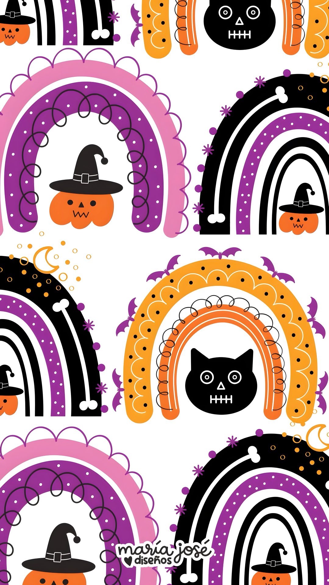 halloween seamless wallpaper with cats, witches and rainbows in the background - patterns decorative Rainbow Halloween light pink