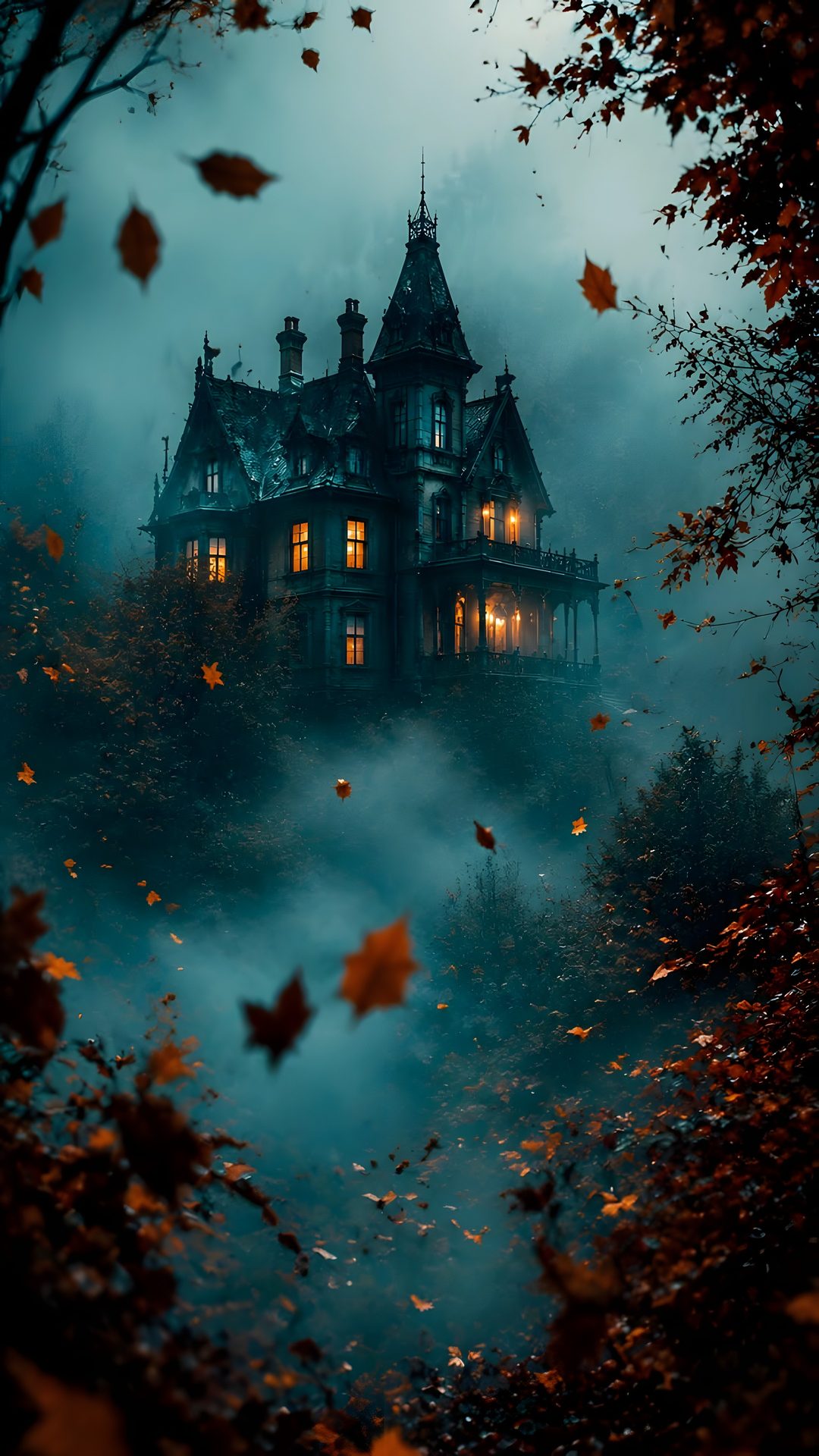 a creepy house in the middle of a foggy forest with leaves flying around it Dark Fantasy Halloween dark slate gray