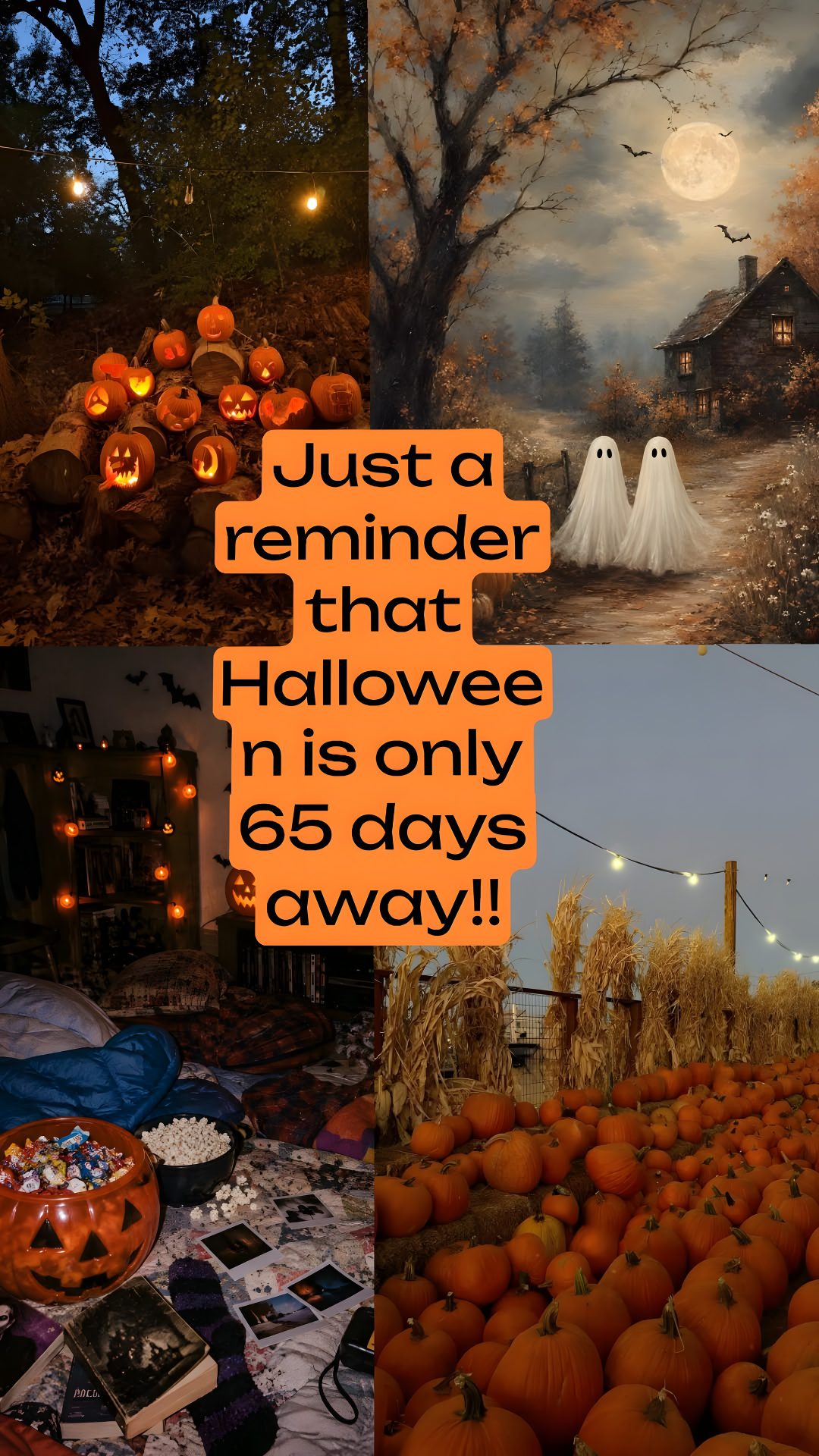 a collage of halloween pictures with pumpkins and ghostes in the background that says, just a reminder that halloween has only 66 days away Cute Halloween Iphone Count Down saddle brown