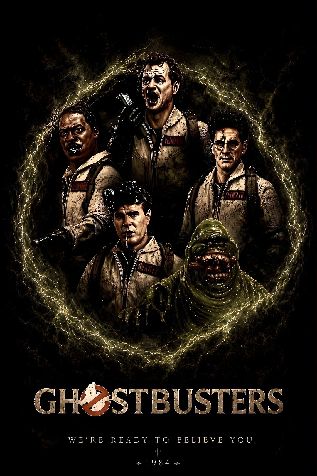 the poster for ghostbusters, which features four men in uniform and one is holding a Ghostbusters Halloween Tv, black