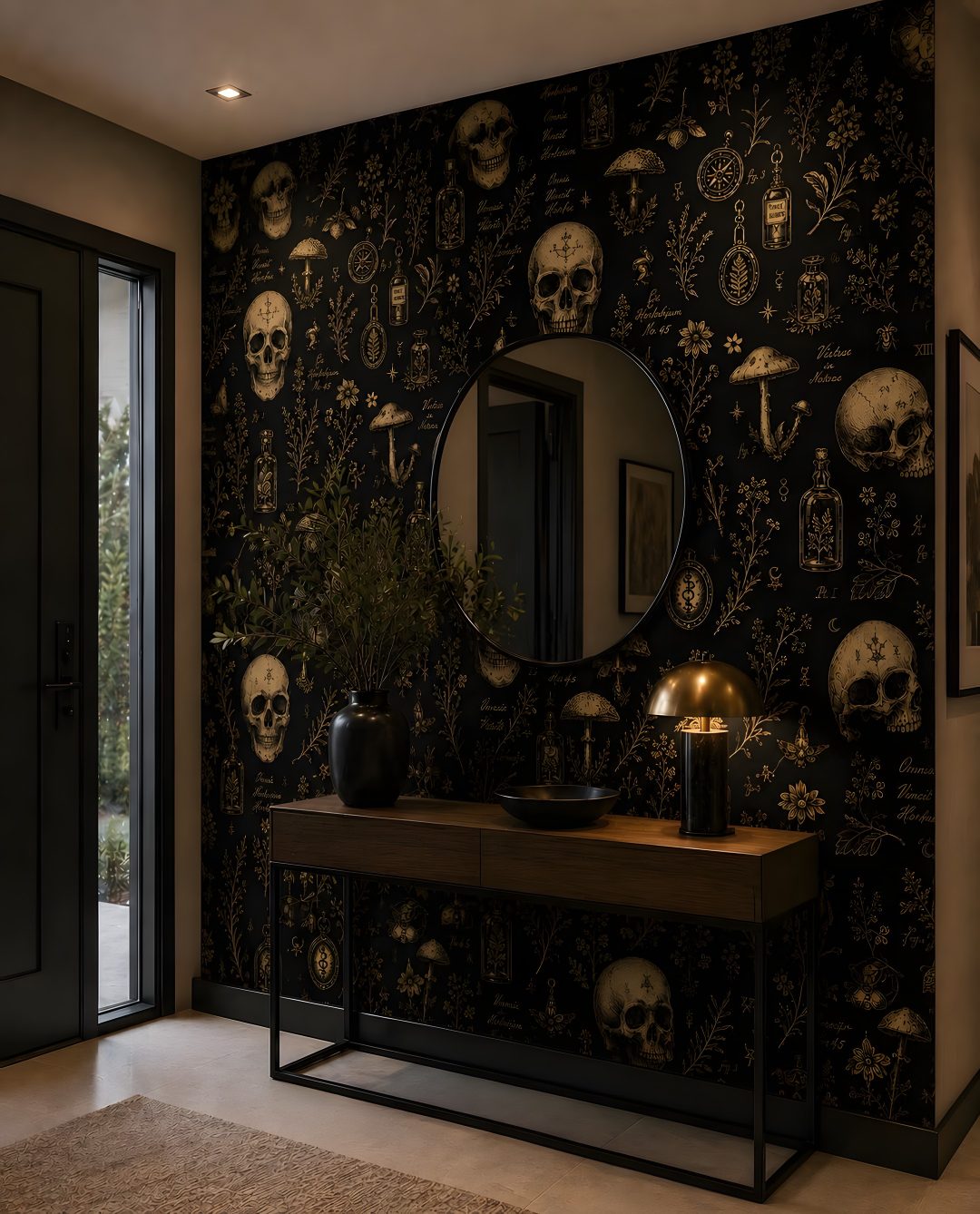 a room with skulls on the wall and a table in front of it that has a mirror Gothic Halloween For Home black