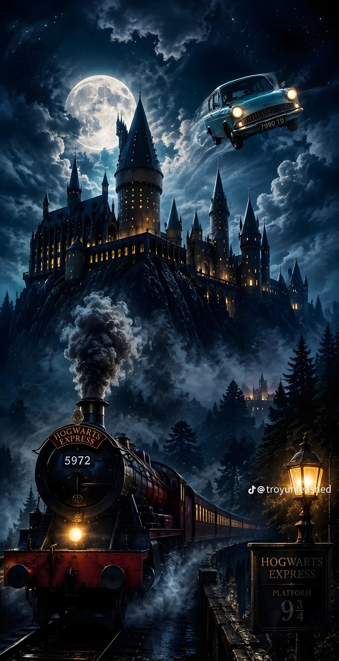 the hogwarts castle is lit up at night with a train coming down the tracks Harry Potter Halloween black