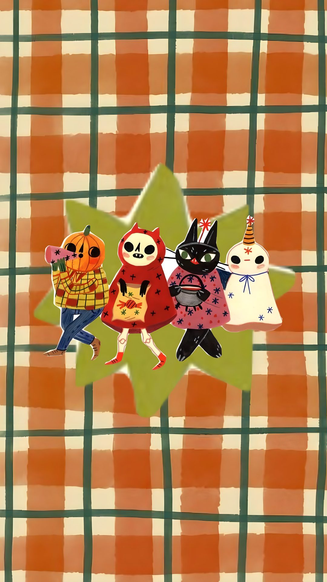 an orange and white checkered blanket with three cartoon characters on it Baggu Halloween Screen, peru