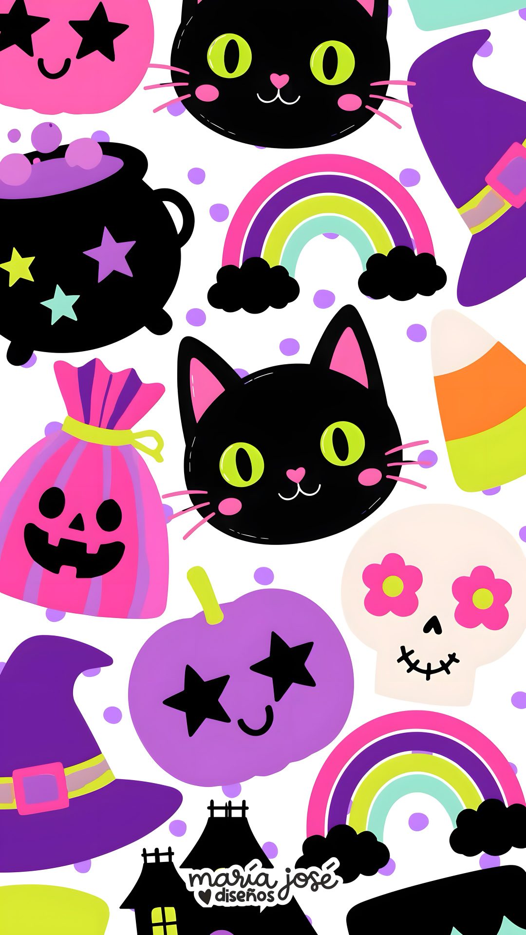 a black cat surrounded by halloween decorations and pumpkins, with a rainbow in the background Rainbow Halloween pale violet red