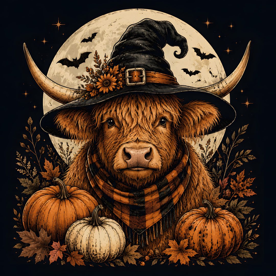 a brown cow wearing a witches hat and scarf with pumpkins around it's neck Cute Halloween Highland Cow black