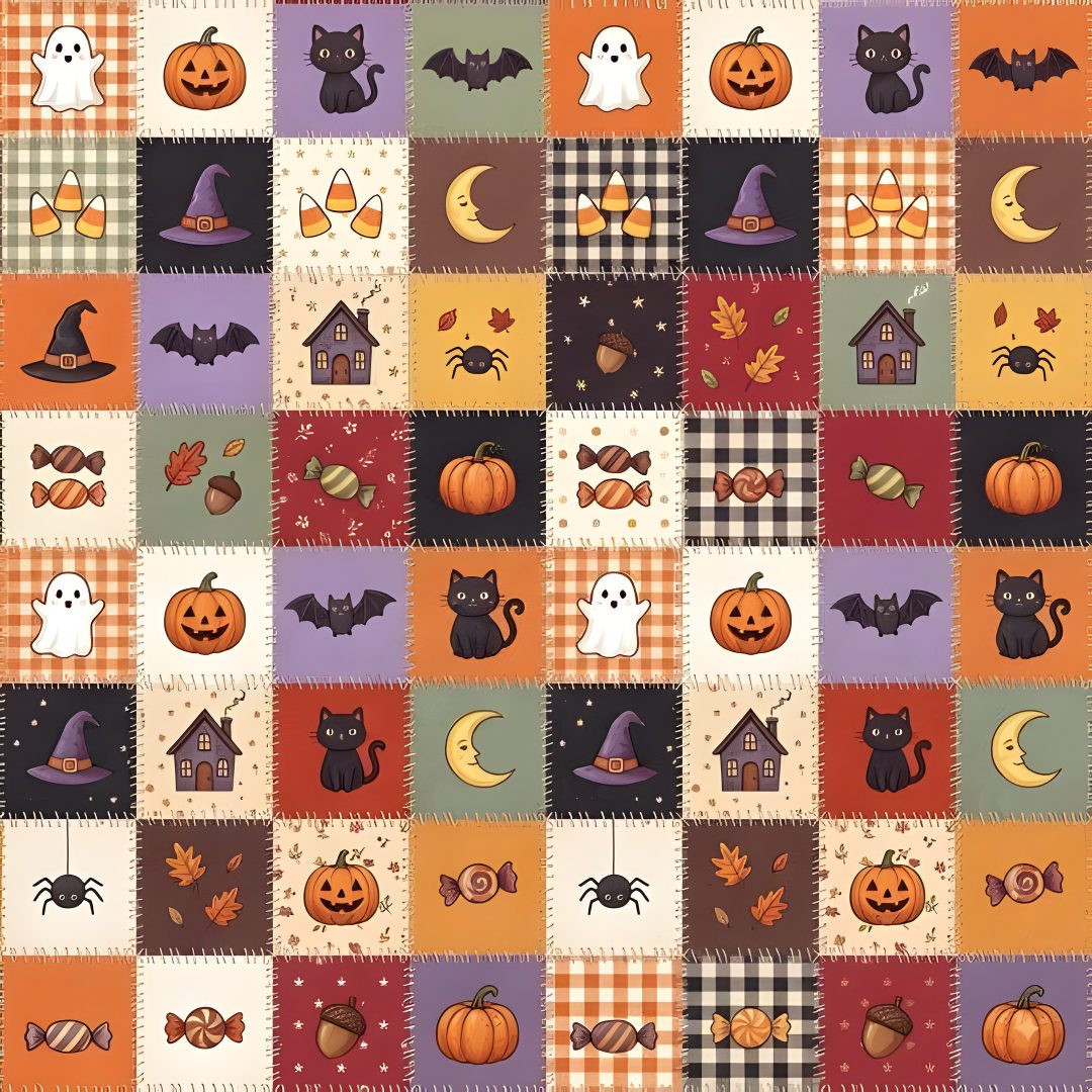 a patchwork quilt with pumpkins, bats and other decorations on it's sides Halloween Squares Custom peru