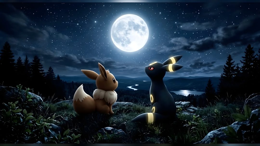 two pokemons are sitting in the grass at night Umbreon Halloween 1920x1080 black