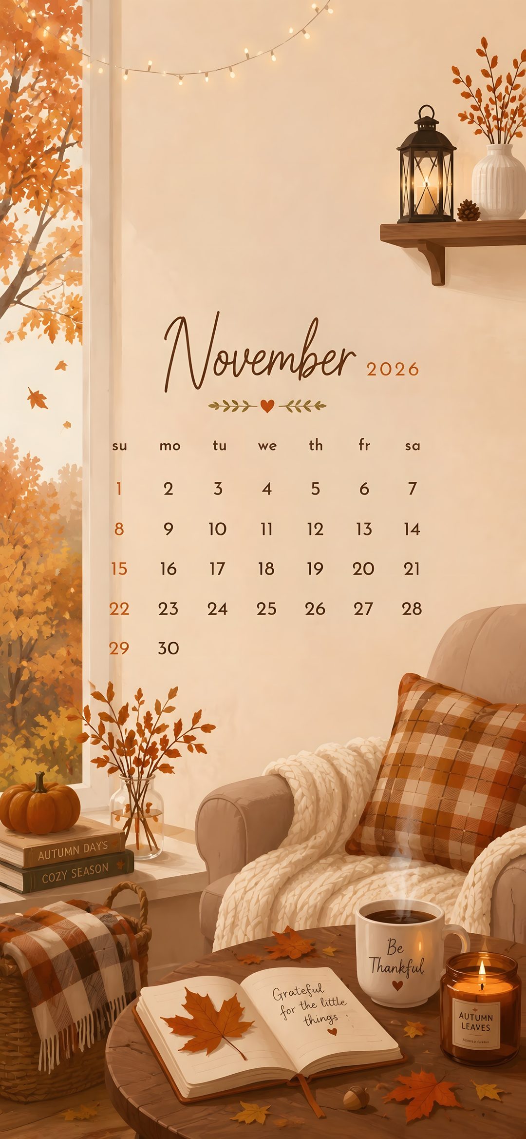 a living room filled with furniture next to a window covered in fall leaves and candles Halloween Calendar burlywood