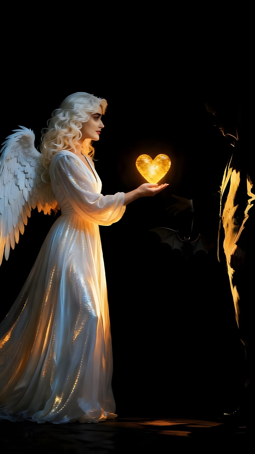 an angel holding a heart shaped object in her hands with flames coming out of it Halloween Angel black