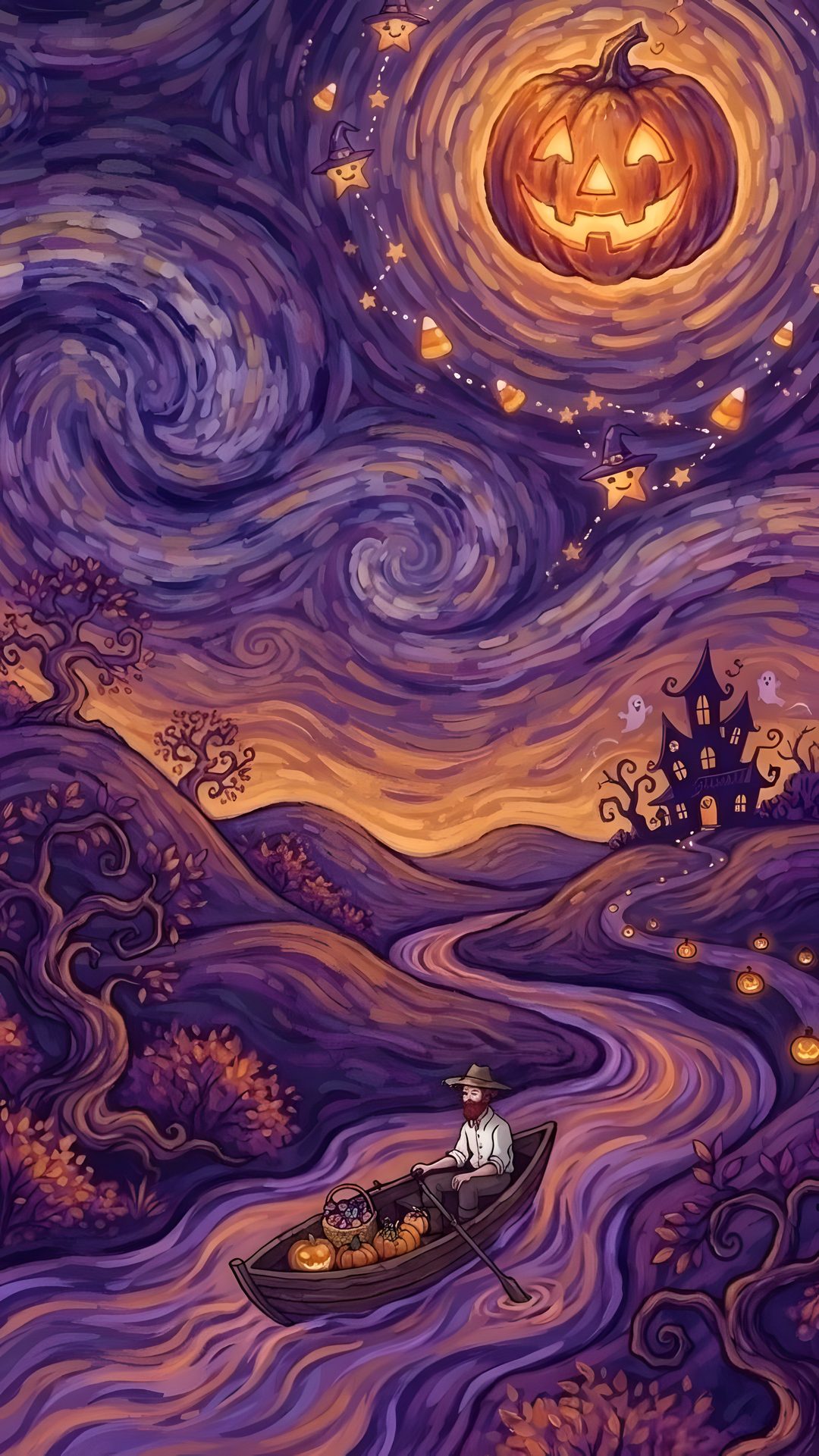 a painting of a man in a boat with a jack o lantern on it Van Gogh Halloween dim gray