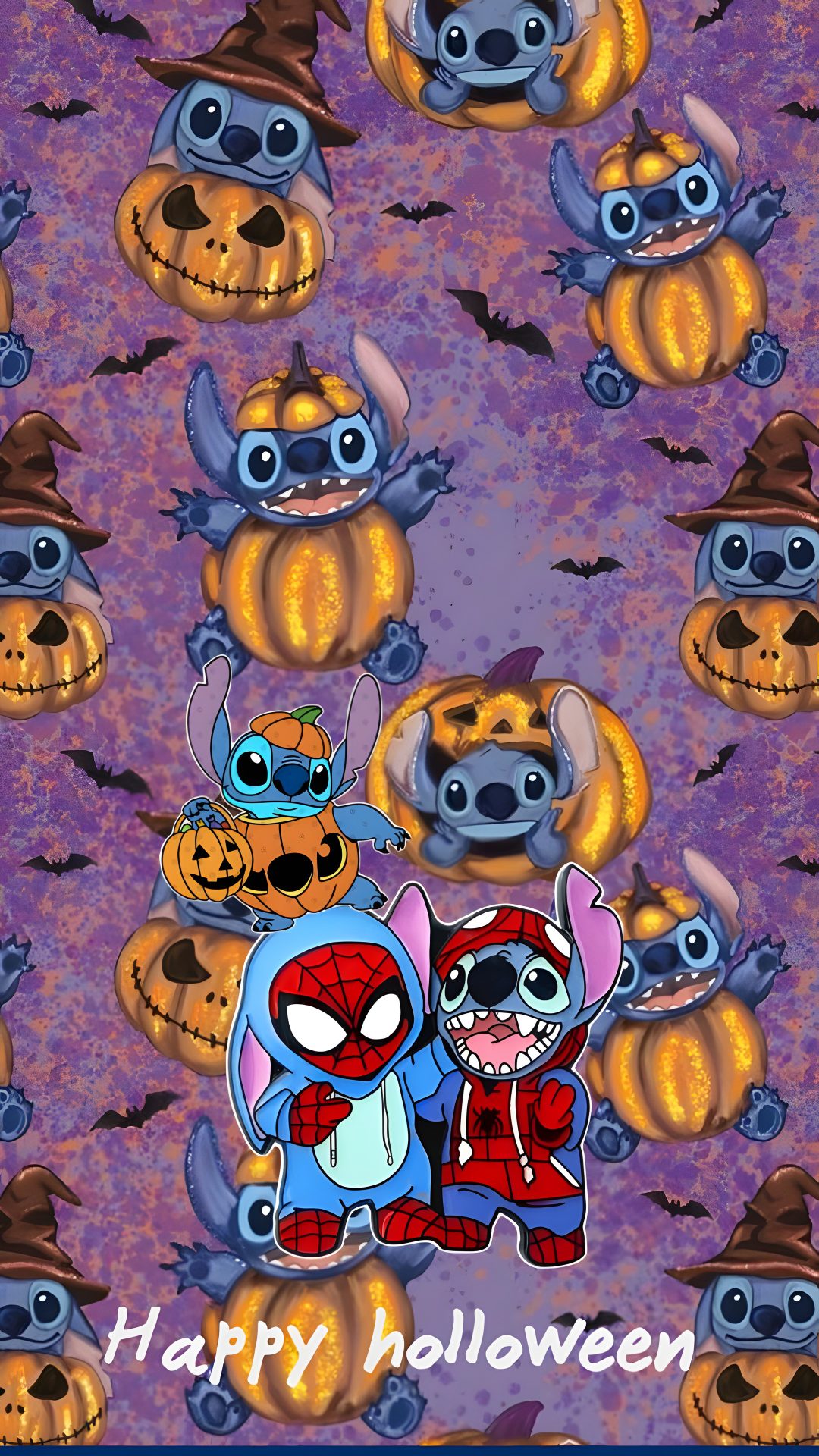 the cartoon characters are all dressed up for halloween Lock Screen Stitch Halloween dim gray