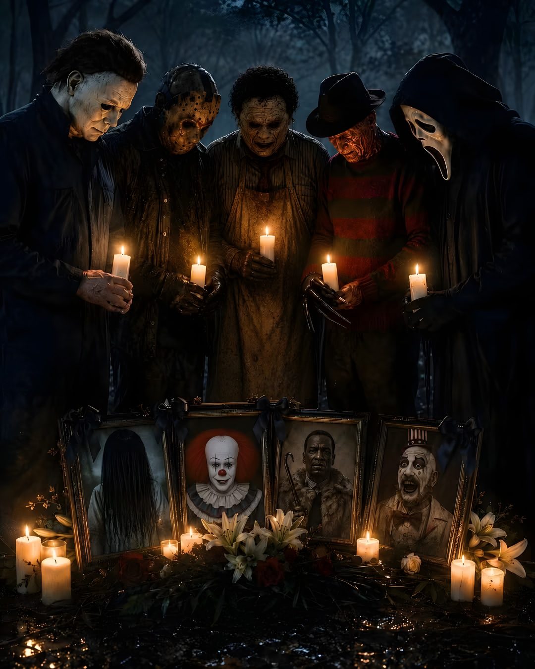a group of people standing in front of candles with scary faces on them and pictures Halloween 6 black
