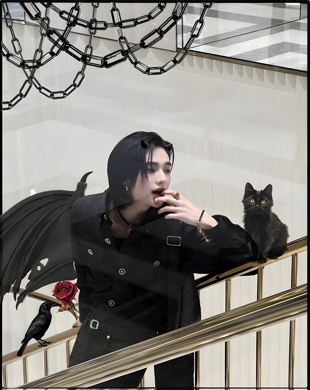 a woman with black hair standing next to a cat on a stair case and looking at the camera Hyunjin Halloween Happy Halloween, Halloween, dark gray