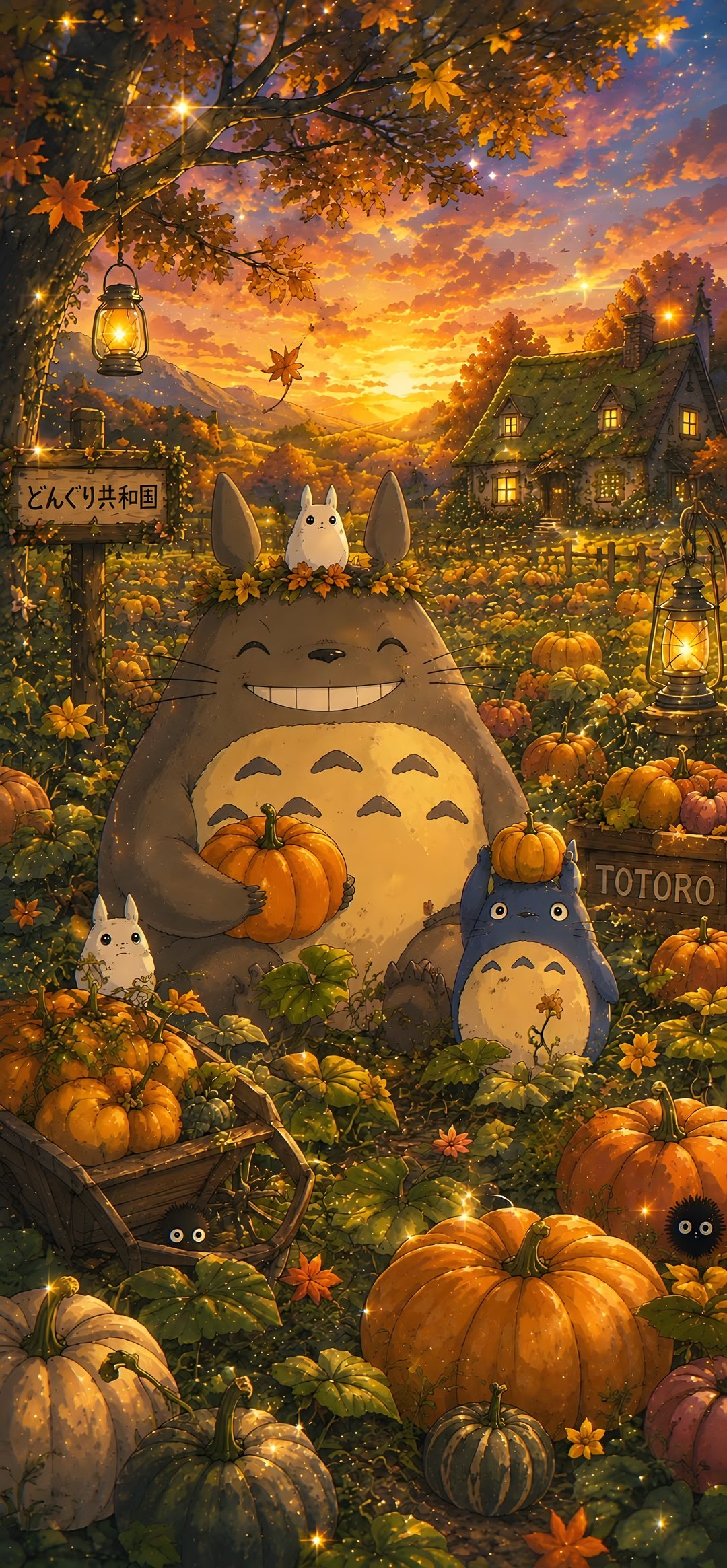a painting of totoro surrounded by pumpkins Totoro Halloween saddle brown