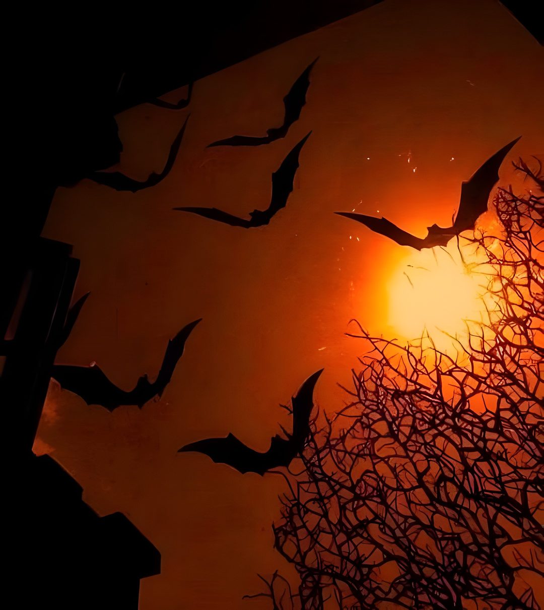 bats flying in front of the sun at night Halloween Aesthetic Widget maroon