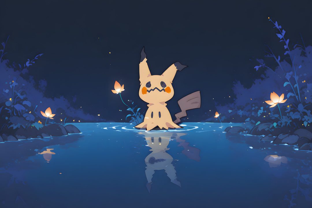 a cartoon character floating in the water at night Halloween Mimikyu dark slate gray
