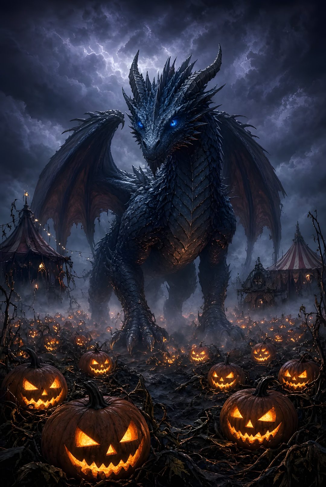 a dragon with glowing eyes standing next to pumpkins in the grass and surrounded by dark clouds Halloween Dragon dark slate gray